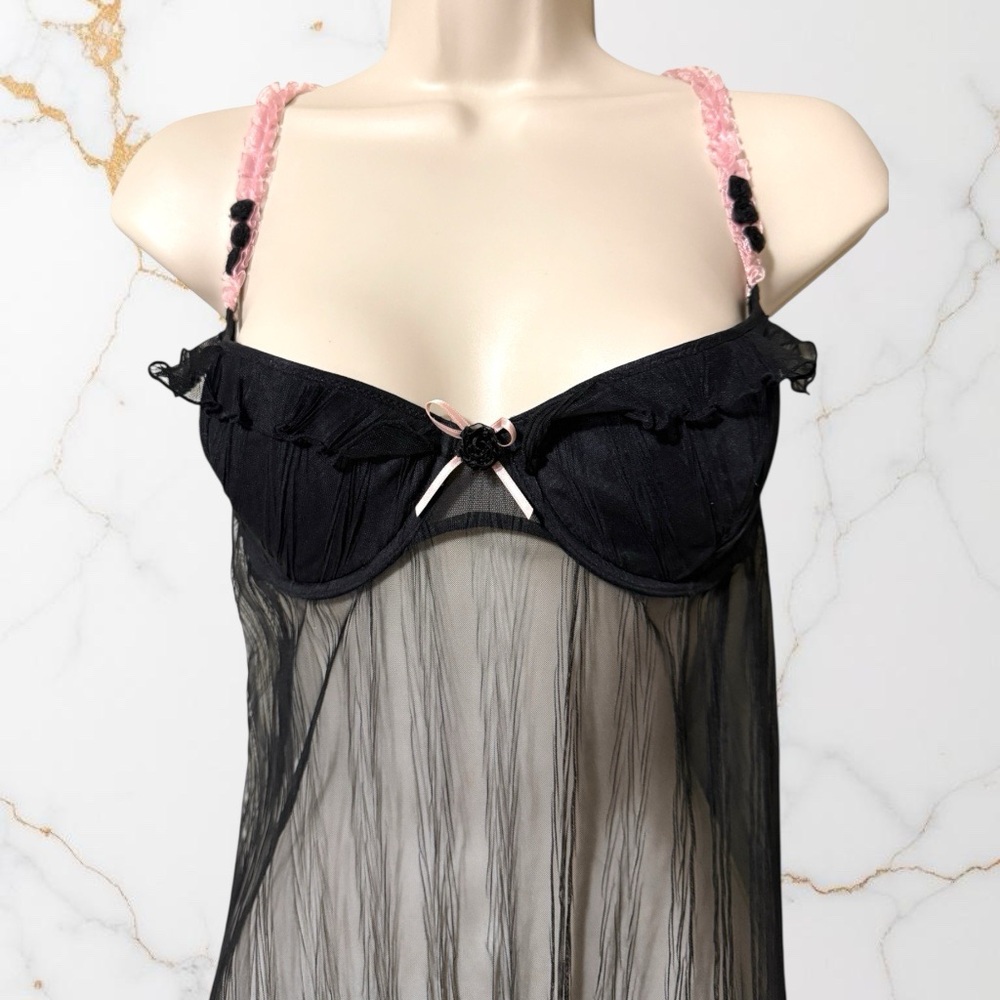 Vintage Chantal Thomass Pink & Black Logo Strap Babydoll - C/D Cup